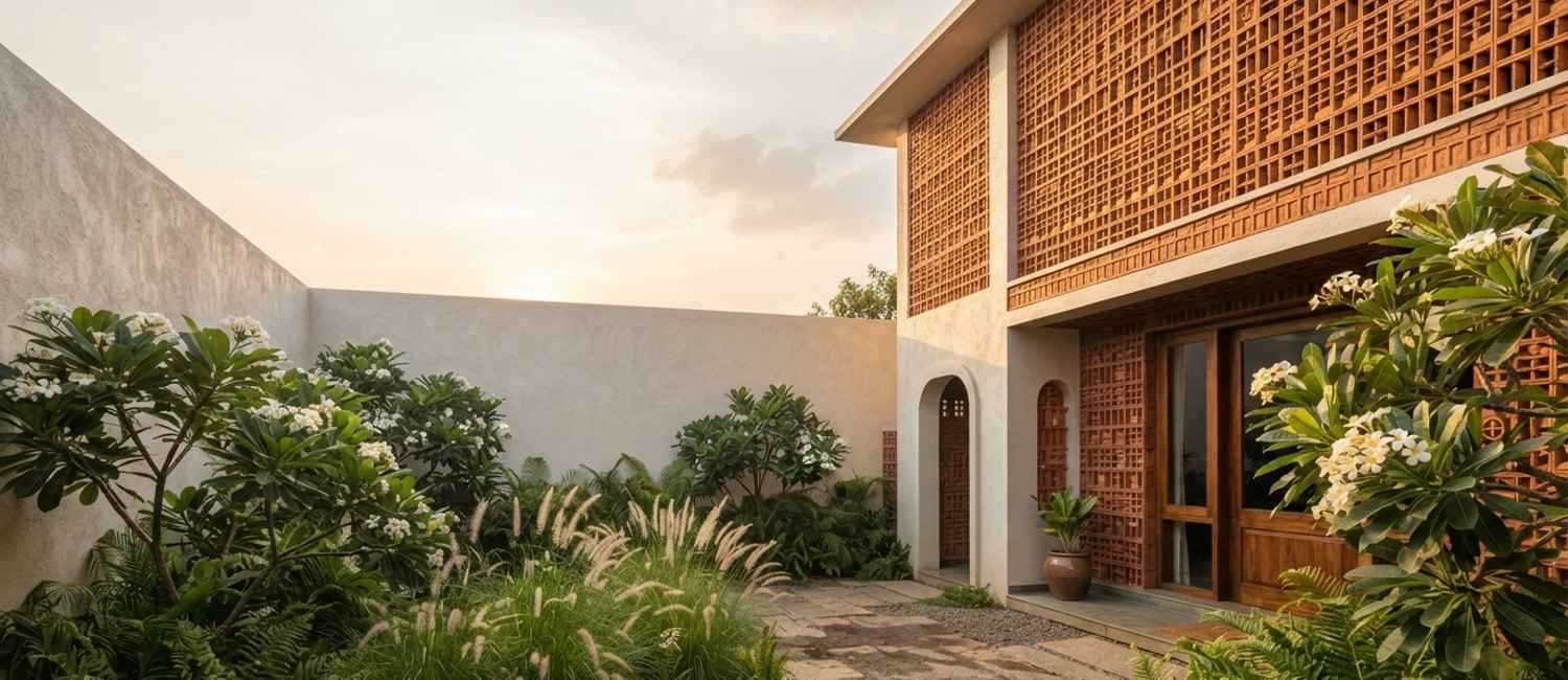 A contemporary Indian courtyard house with a carved jaali screen at golden hour